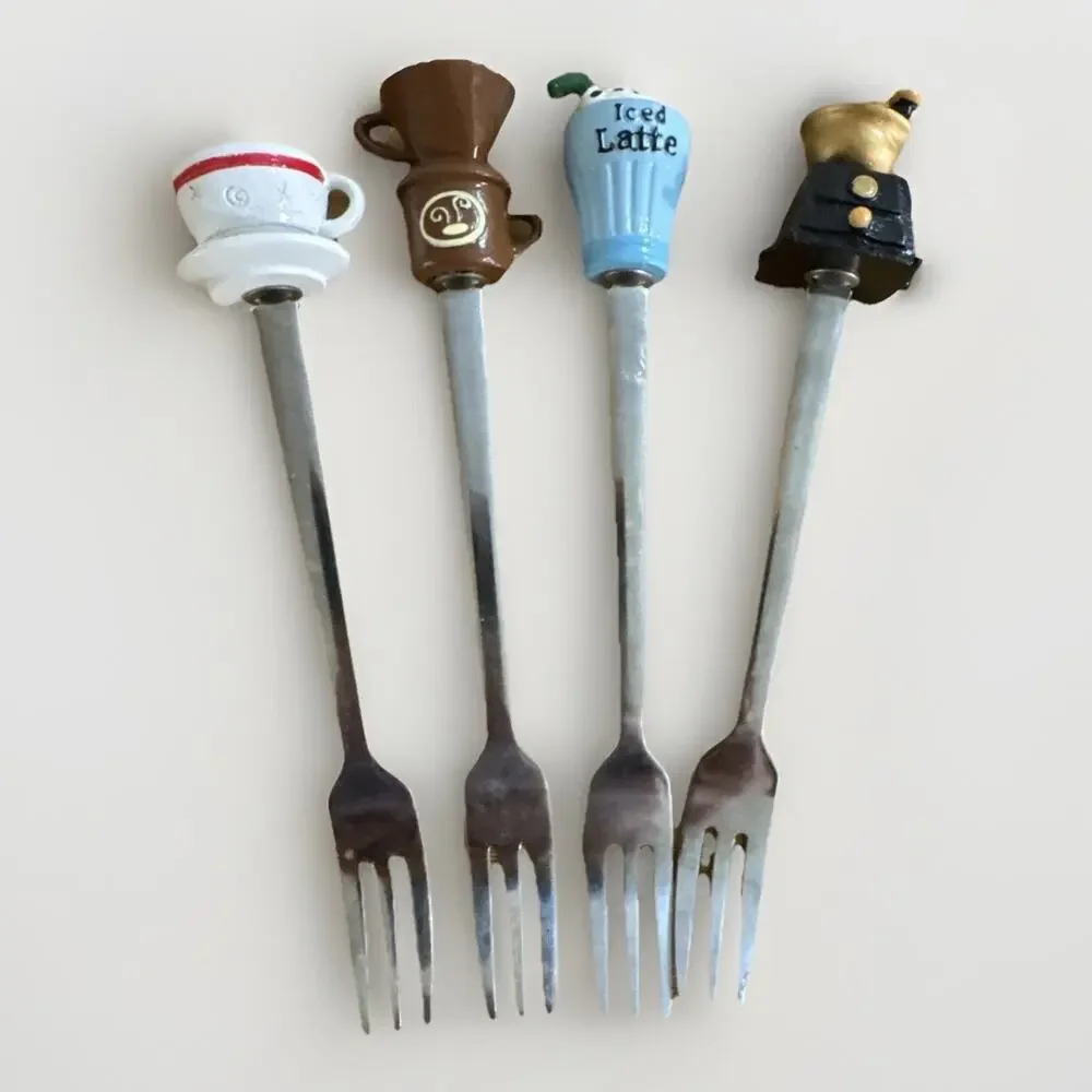 Coffee Themed Appetizer Forks Set Of 4 Cup Pour Over Grinder Latte